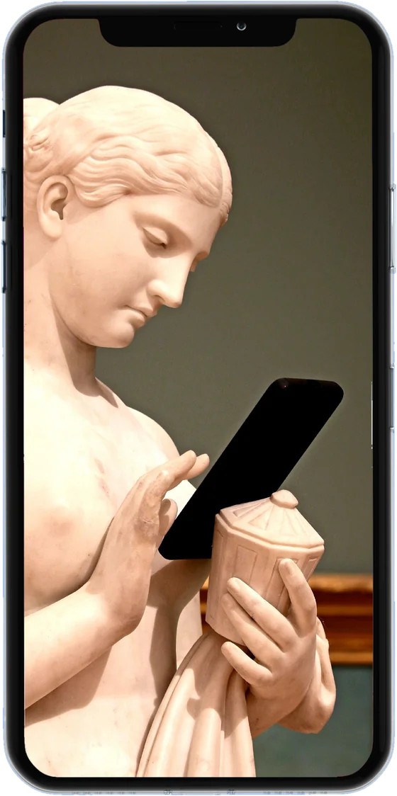 Classical statue looking at a cell phone, shown on a phone screen
